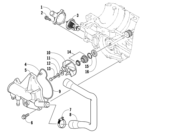Parts Diagram for Arctic Cat 2008 CROSSFIRE 600 EFI SNOWMOBILE WATER PUMP AND THERMOSTAT