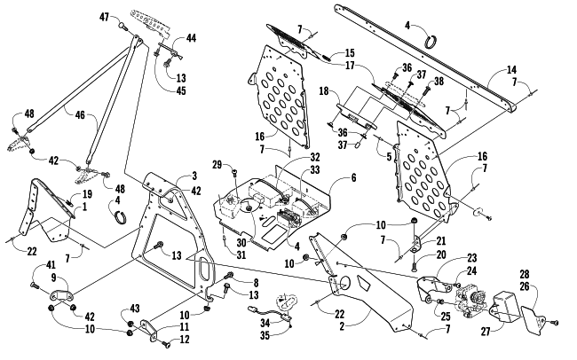 Parts Diagram for Arctic Cat 2006 AC 440 SNO PRO MODIFIED RACE SLED SNOWMOBILE FOOTREST AND STEERING SUPPORT ASSEMBLY