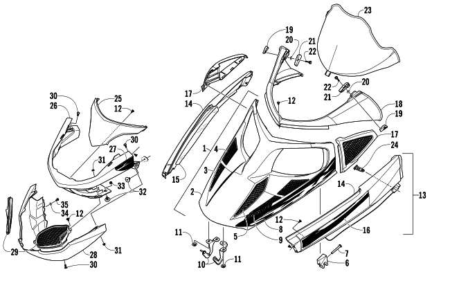 Parts Diagram for Arctic Cat 2007 F6 EFI LXR SNOWMOBILE HOOD, WINDSHIELD, AND FRONT BUMPER ASSEMBLY