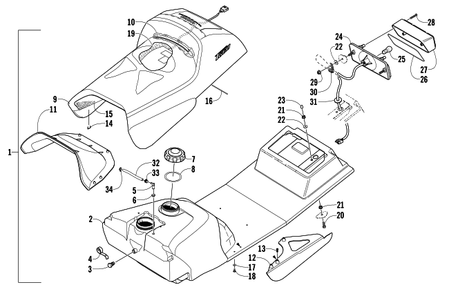 Parts Diagram for Arctic Cat 2007 T660 TURBO TRAIL SNOWMOBILE GAS TANK, SEAT, AND TAILLIGHT ASSEMBLY
