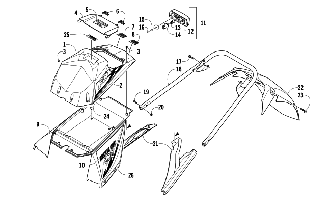 Parts Diagram for Arctic Cat 2007 F8 EFI SNO PRO LIMITED EDITION SNOWMOBILE REAR BUMPER, STORAGE BOX, AND TAILLIGHT ASSEMBLY