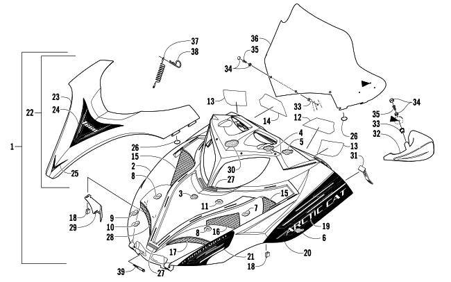 Parts Diagram for Arctic Cat 2007 T660 TURBO TOURING SNOWMOBILE HOOD AND WINDSHIELD ASSEMBLY