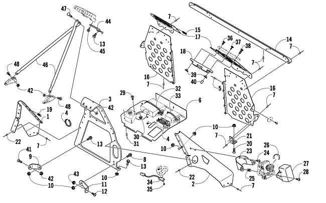 Parts Diagram for Arctic Cat 2007 AC 600 MODIFIED SNO PRO SNOWMOBILE FOOTREST AND STEERING SUPPORT ASSEMBLY