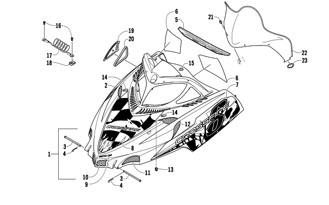Parts Diagram for Arctic Cat 2007 CROSSFIRE 800 EFI SNO PRO SNOWMOBILE HOOD AND WINDSHIELD ASSEMBLY