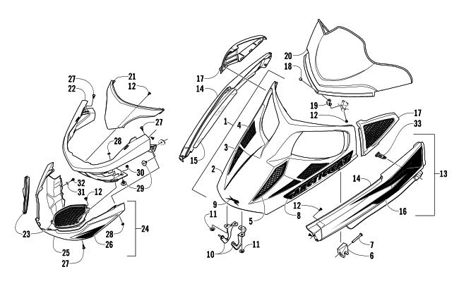 Parts Diagram for Arctic Cat 2008 F1000 EFI SNOWMOBILE HOOD, WINDSHIELD, AND FRONT BUMPER ASSEMBLY