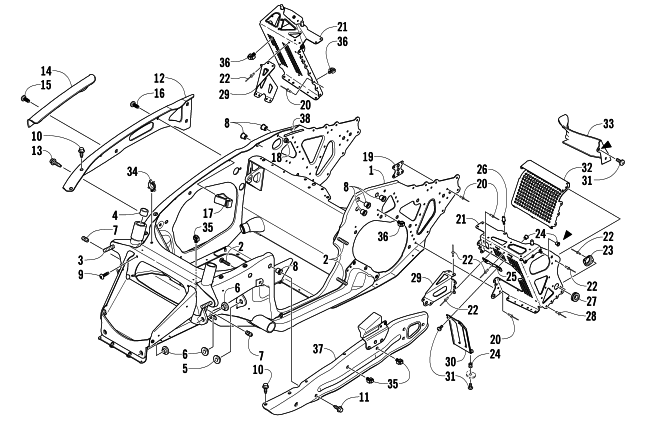 Parts Diagram for Arctic Cat 2008 CROSSFIRE 500 EFI SNOWMOBILE FRONT FRAME AND FOOTREST ASSEMBLY