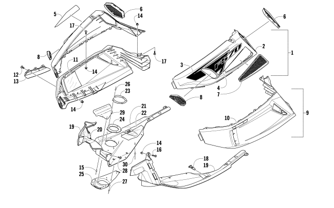 Parts Diagram for Arctic Cat 2008 F570 SNOWMOBILE SKID PLATE AND SIDE PANEL ASSEMBLY