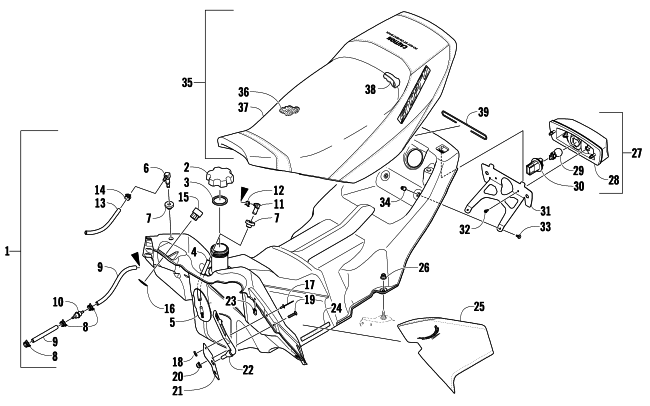 Parts Diagram for Arctic Cat 2008 AC 600 SNO PRO SNOWMOBILE GAS TANK, SEAT, AND TAILLIGHT ASSEMBLY