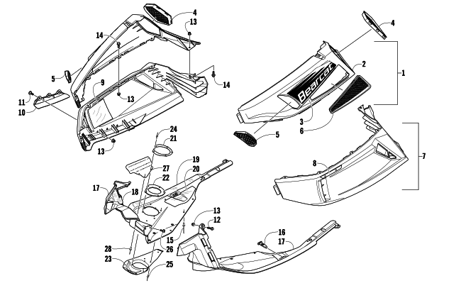 Parts Diagram for Arctic Cat 2009 BEARCAT 570 LONG TRACK SNOWMOBILE SKID PLATE AND SIDE PANEL ASSEMBLY