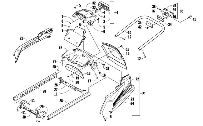 Parts Diagram for Arctic Cat 2009 BEARCAT 570 LONG TRACK SNOWMOBILE REAR BUMPER, HITCH, RACK RAIL, SNOWFLAP, AND TAILLIGHT ASSEMBLY