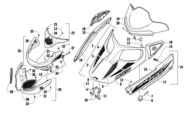 Parts Diagram for Arctic Cat 2009 F6 SNO PRO SNOWMOBILE HOOD, WINDSHIELD, AND FRONT BUMPER ASSEMBLY