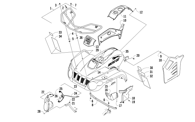 Parts Diagram for Arctic Cat 2009 366 4X4 AUTOMATIC ATV FRONT BODY, RACK, AND HEADLIGHT ASSEMBLY
