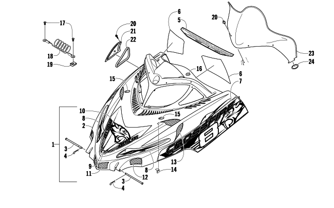 Parts Diagram for Arctic Cat 2009 CF8 SNOWMOBILE HOOD AND WINDSHIELD ASSEMBLY