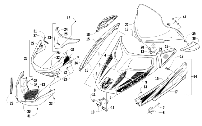 Parts Diagram for Arctic Cat 2009 TZ1 PARK SNOWMOBILE HOOD, WINDSHIELD, AND FRONT BUMPER ASSEMBLY
