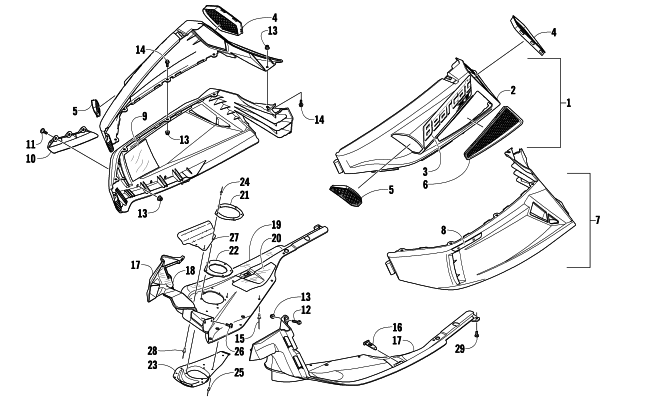 Parts Diagram for Arctic Cat 2009 BEARCAT 570 XT SNOWMOBILE SKID PLATE AND SIDE PANEL ASSEMBLY