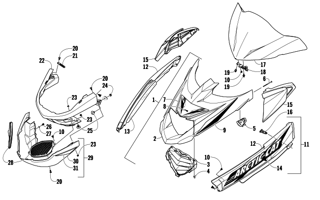 Parts Diagram for Arctic Cat 2009 Z1 TURBO SNOWMOBILE HOOD, WINDSHIELD, AND FRONT BUMPER ASSEMBLY