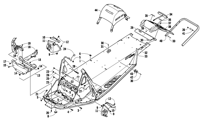 Parts Diagram for Arctic Cat 2010 F5 LXR (S2010F5CLXUSG) SNOWMOBILE CHASSIS, REAR BUMPER, AND SNOWFLAP ASSEMBLY
