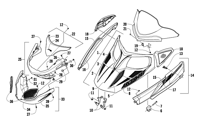 Parts Diagram for Arctic Cat 2010 F8 EFI LXR SNOWMOBILE HOOD, WINDSHIELD, AND FRONT BUMPER ASSEMBLY