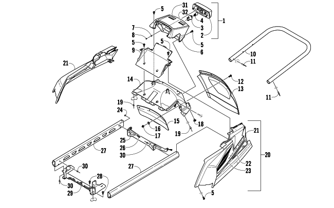 Parts Diagram for Arctic Cat 2010 T570 TOURING SNOWMOBILE REAR BUMPER, RACK RAIL, SNOWFLAP, AND TAILLIGHT ASSEMBLY