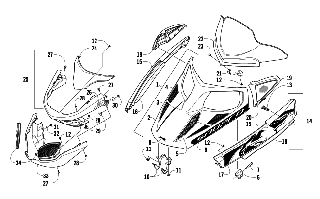Parts Diagram for Arctic Cat 2010 F8 SNO PRO SNOWMOBILE HOOD, WINDSHIELD, AND FRONT BUMPER ASSEMBLY