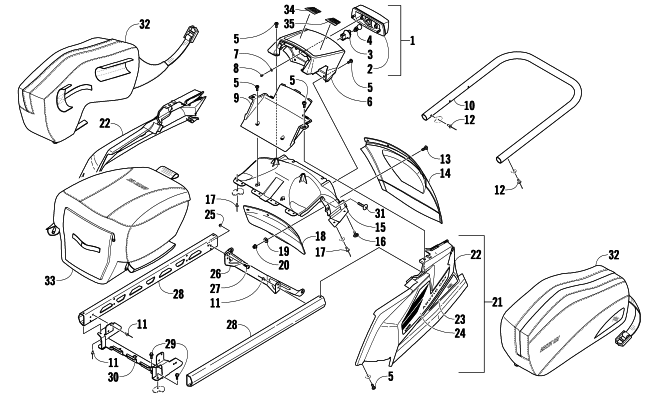 Parts Diagram for Arctic Cat 2010 TZ1 TURBO LXR SNOWMOBILE REAR BUMPER, RACK RAIL, SNOWFLAP, AND TAILLIGHT ASSEMBLY