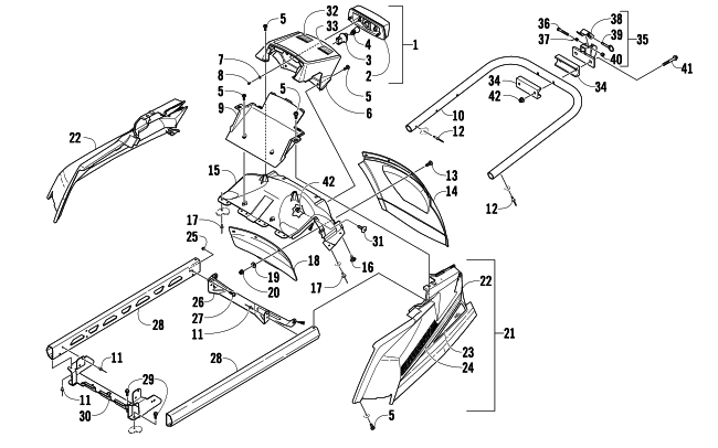 Parts Diagram for Arctic Cat 2010 BEARCAT 570 LONG TRACK SNOWMOBILE REAR BUMPER, HITCH, RACK RAIL, SNOWFLAP, AND TAILLIGHT ASSEMBLY
