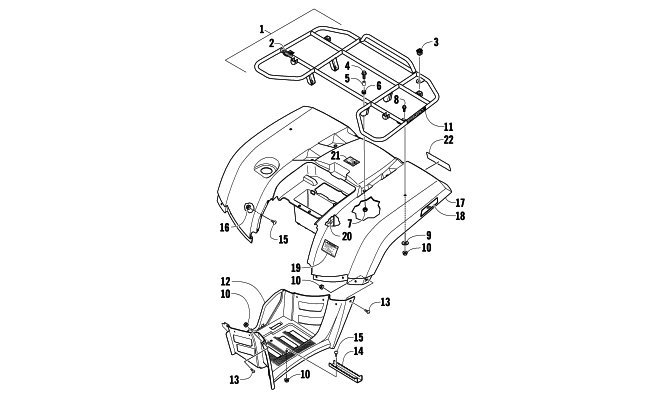 Parts Diagram for Arctic Cat 2010 550 H1 EFI 4X4 AUTOMATIC ATV REAR RACK, BODY PANEL, AND FOOTWELL ASSEMBLIES