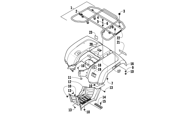 Parts Diagram for Arctic Cat 2010 700 H1 EFI 4X4 AUTOMATIC MUD PRO ATV REAR RACK, BODY PANEL, AND FOOTWELL ASSEMBLIES