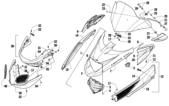 Parts Diagram for Arctic Cat 2010 TZ1 TURBO LXR SNOWMOBILE HOOD, WINDSHIELD, AND FRONT BUMPER ASSEMBLY