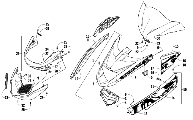 Parts Diagram for Arctic Cat 2010 Z1 TURBO SNO PRO SNOWMOBILE HOOD, WINDSHIELD, AND FRONT BUMPER ASSEMBLY