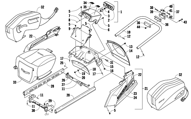 Parts Diagram for Arctic Cat 2010 TZ1 TURBO LXR LE SNOWMOBILE REAR BUMPER, RACK RAIL, SNOWFLAP, AND TAILLIGHT ASSEMBLY