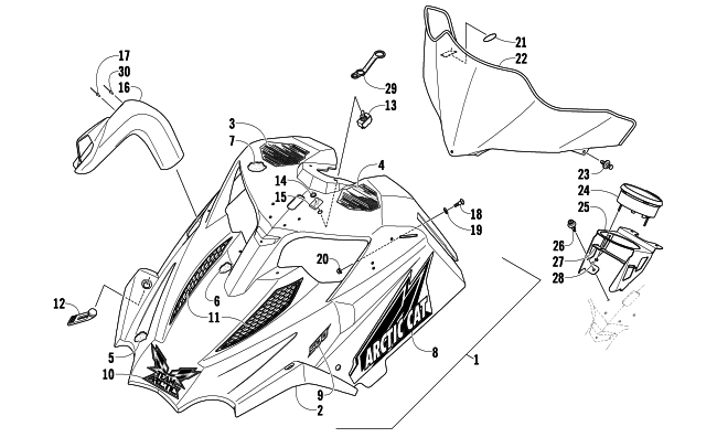 Parts Diagram for Arctic Cat 2010 ARCTIC CAT 500 SNO PRO SNOWMOBILE HOOD AND WINDSHIELD ASSEMBLY