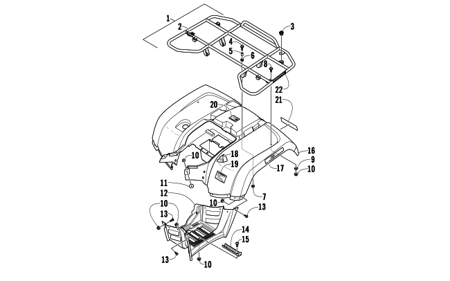 Parts Diagram for Arctic Cat 2010 700 H1 EFI 4X4 AUTOMATIC ATV REAR RACK, BODY PANEL, AND FOOTWELL ASSEMBLIES