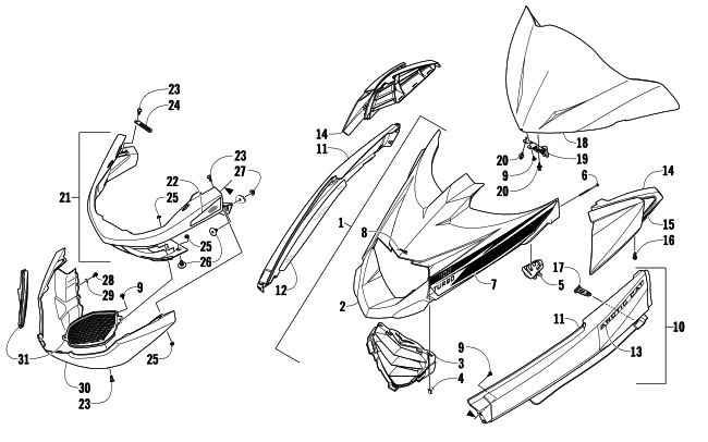 Parts Diagram for Arctic Cat 2010 Z1 TURBO SNOWMOBILE HOOD, WINDSHIELD, AND FRONT BUMPER ASSEMBLY