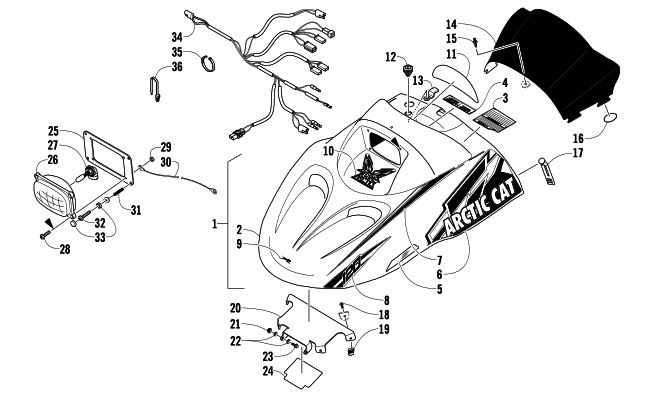 Parts Diagram for Arctic Cat 2010 AC 120 SNO PRO SNOWMOBILE HOOD, HEADLIGHT, AND WINDSHIELD ASSEMBLY