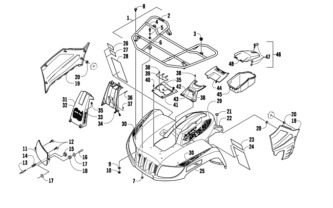 Parts Diagram for Arctic Cat 2010 1000 4X4 AUTOMATIC MUD PRO ATV FRONT RACK, BODY PANEL, AND HEADLIGHT ASSEMBLIES