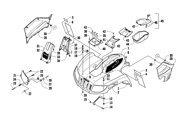 Parts Diagram for Arctic Cat 2010 650 4X4 AUTOMATIC MUD PRO ATV FRONT BODY PANEL AND HEADLIGHT ASSEMBLIES