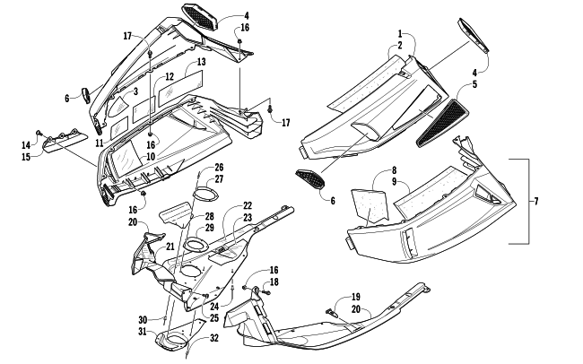 Parts Diagram for Arctic Cat 2011 BEARCAT 570 SNOWMOBILE SKID PLATE AND SIDE PANEL ASSEMBLY