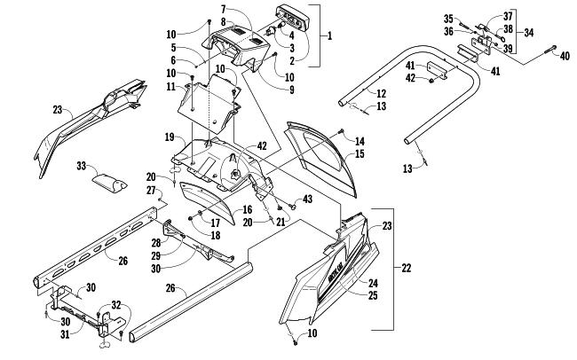 Parts Diagram for Arctic Cat 2011 BEARCAT 570 SNOWMOBILE REAR BUMPER, HITCH, RACK RAIL, SNOWFLAP, AND TAILLIGHT ASSEMBLY
