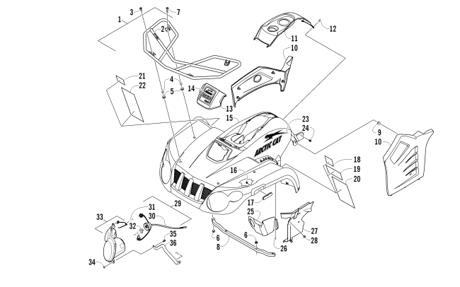 Parts Diagram for Arctic Cat 2010 366 4X4 ATV FRONT BODY, RACK, AND HEADLIGHT ASSEMBLY
