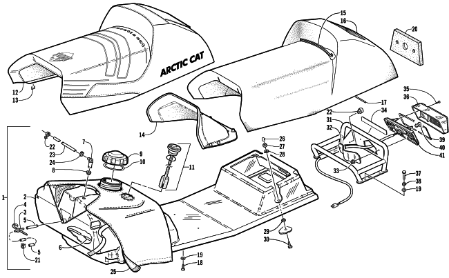 Parts Diagram for Arctic Cat 2002 MOUNTAIN CAT 570 SNOWMOBILE GAS TANK, SEAT, AND TAILLIGHT ASSEMBLY