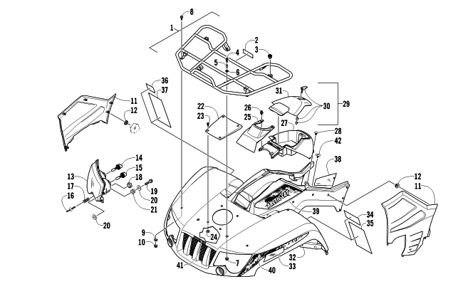 Parts Diagram for Arctic Cat 2011 650 H1 ATV FRONT RACK, BODY PANEL, AND HEADLIGHT ASSEMBLIES