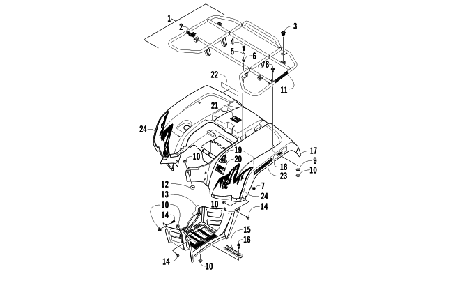 Parts Diagram for Arctic Cat 2011 650 H1 MUD PRO ATV REAR RACK, BODY PANEL, AND FOOTWELL ASSEMBLIES