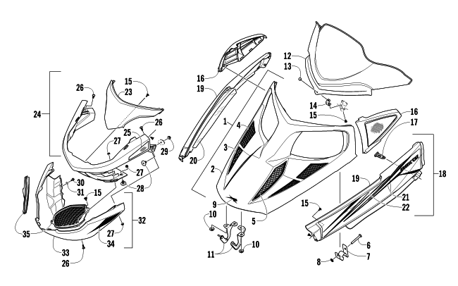 Parts Diagram for Arctic Cat 2011 F8 EXT SNO PRO SNOWMOBILE HOOD, WINDSHIELD, AND FRONT BUMPER ASSEMBLY