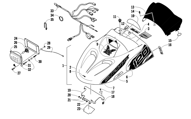 Parts Diagram for Arctic Cat 2012 AC SNO PRO 120 SNOWMOBILE HOOD, HEADLIGHT, AND WINDSHIELD ASSEMBLY