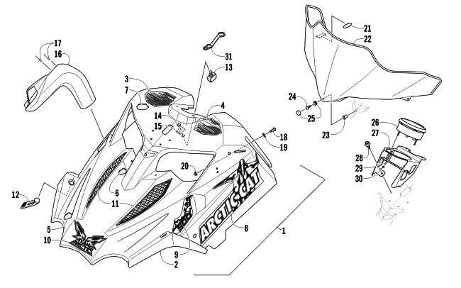 Parts Diagram for Arctic Cat 2011 ARCTIC CAT SNO PRO 500 SNOWMOBILE HOOD AND WINDSHIELD ASSEMBLY