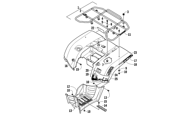 Parts Diagram for Arctic Cat 2011 650 H1 ATV REAR RACK, BODY PANEL, AND FOOTWELL ASSEMBLIES