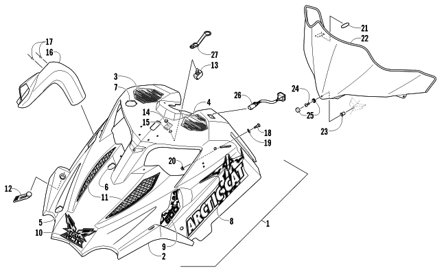 Parts Diagram for Arctic Cat 2011 ARCTIC CAT SNO PRO 600 SNOWMOBILE HOOD AND WINDSHIELD ASSEMBLY