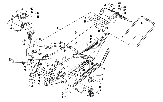 Parts Diagram for Arctic Cat 2011 ARCTIC CAT SNO PRO 600 CROSS COUNTRY SNOWMOBILE CHASSIS, REAR BUMPER, AND SNOWFLAP ASSEMBLY