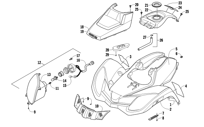 Parts Diagram for Arctic Cat 2011 300 2X4 UTILITY ATV FRONT BODY AND HEADLIGHT ASSEMBLY